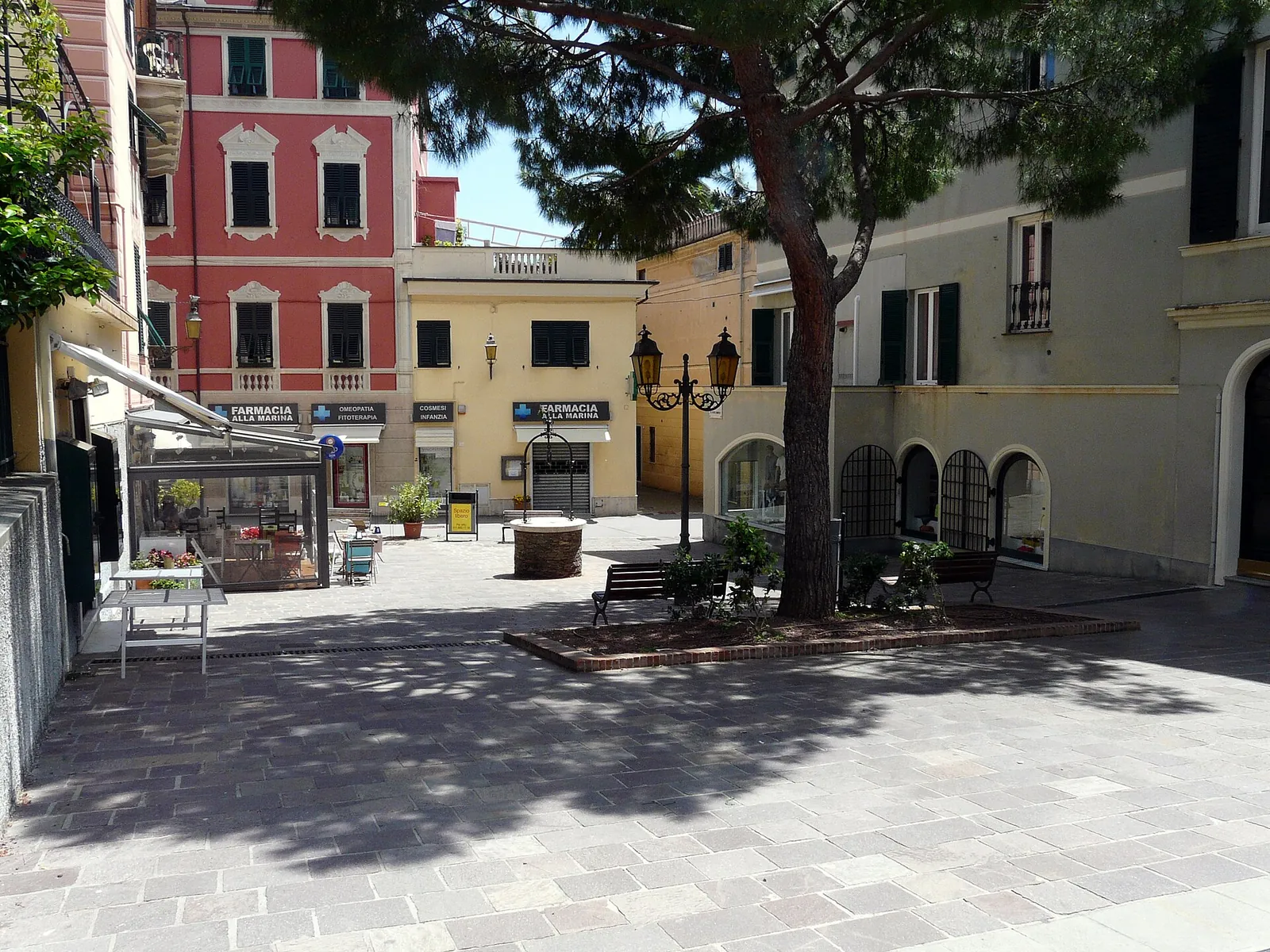 Una piazzetta del centro storico di Arenzano con il pino marittimo